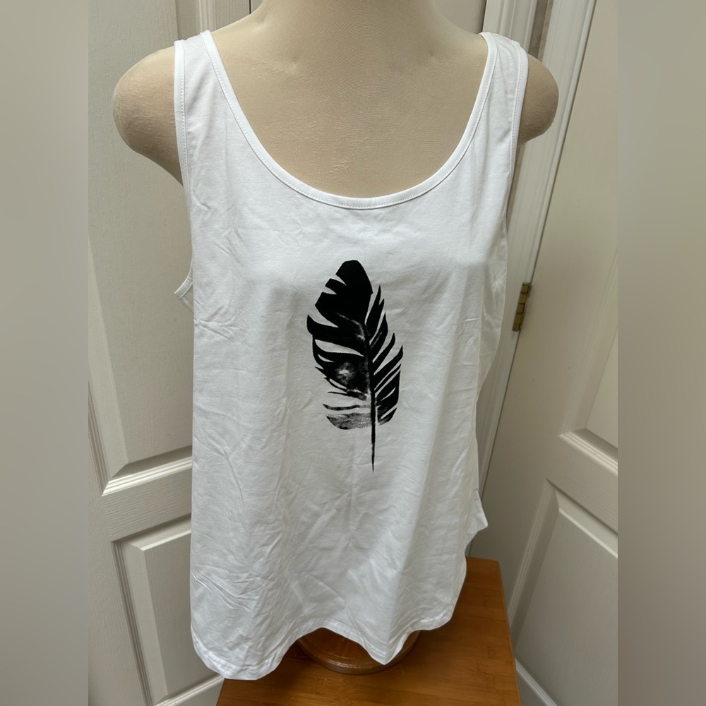 NWOT White Tank Top with Black Feather Design